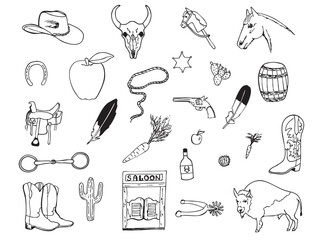 Hand drawn collection of western vector doodles. Line art illustrations with wild west atmosphere, cowboy and cowgirl, sheriff, indigenous, horse staff