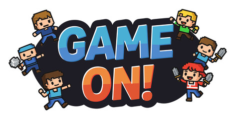 Fototapeta premium 'Game On!' text bubble with tiny, cheerful pixel art characters popping out. Vector sticker design