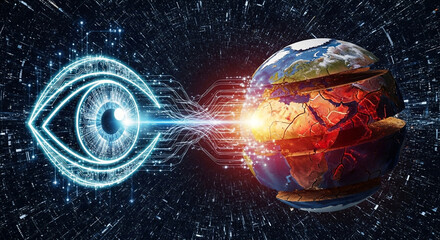 Digital Eye Observing a Cracked Earth Globe Symbolizing Global Monitoring Environmental Crisis and AI Surveillance