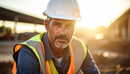 Construction worker wearing hard hat and safety vest looks directly camera, showcasing serious expression as he focuses his task. warm sunlight creates dramatic backdrop, highlighting his