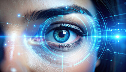 Crystal clear face adorned with glowing holographic interface, showcasing high fidelity visual experience that captivates viewer