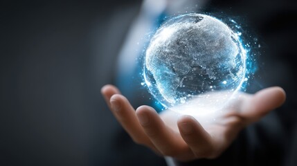 Holographic representation of the earth in a hand.