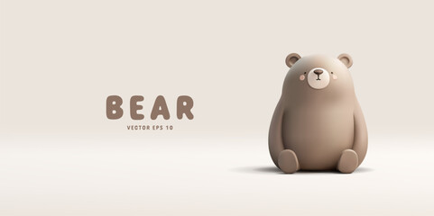 3D funny bear sitting. Realistic image of brown bear for wildlife concepts, children's stories, books, celebrations, and greetings. Vector illustration.