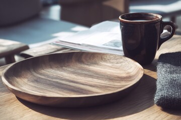 Wooden plate, coffee cup, and newspaper on a table