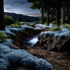 Misty forest path by a lake at twilight
