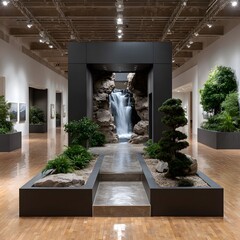 Modern art exhibit featuring a miniature waterfall and rock garden display