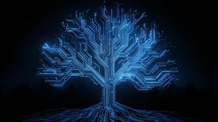 Digital tree of life with circuit patterns glowing in blue   - Powered by Adobe