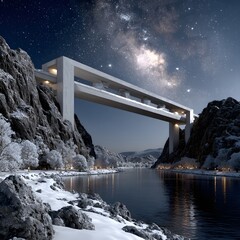 Modern bridge spans snowy gorge at night