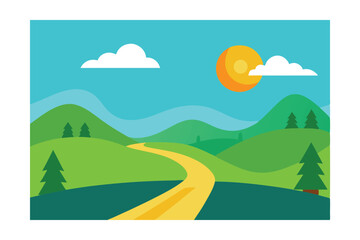 Fototapeta premium Vector Landscape Background of a Road in a Green Valley 