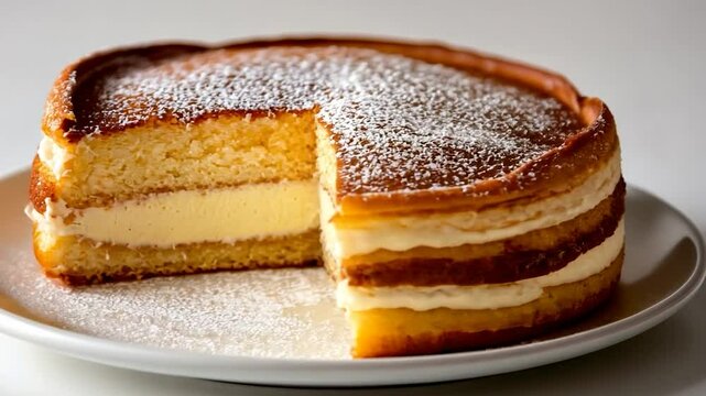 Cream filled sponge cake with powdered sugar dessert treat