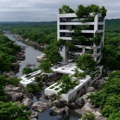 Modern, white building overgrown with foliage by a river