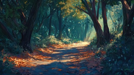 Fototapeta premium Forest path, sunlight filtering through trees