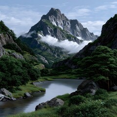 Mountain valley with a serene lake. Lush green foliage surrounds a calm river leading to a tranquil lake nestled beneath a majestic peak