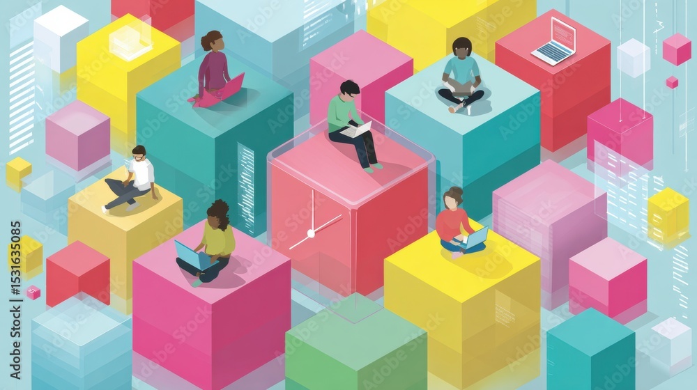 Aufkleber Effective Time Management Strategies for Teens Using a Digital Infographic With Blocks and Characters Engaged in Various Activities