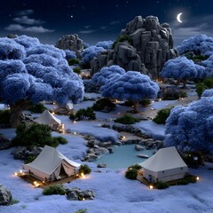 Night camp in a surreal, frosted landscape