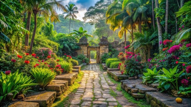 Ancient stone pathway leading to the center of Labna enclosure surrounded by lush greenery and vibrant tropical flowers