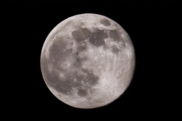 Full moon, close-up view.  Grainy, gray-toned surface