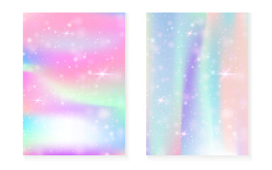 Kawaii background with rainbow princess gradient. Magic unicorn hologram. Holographic fairy set. Multicolor fantasy cover. Kawaii background with sparkles and stars for cute girl party invitation.