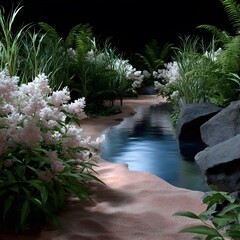 Nighttime stream flanked by lush white flowers and greenery