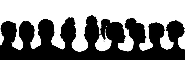 silhouette of young people in row, men and woman or teenager boys and girls