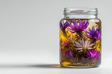 Clear glass jar filled with vibrant purple and white flowers, immersed in a light amber liquid
