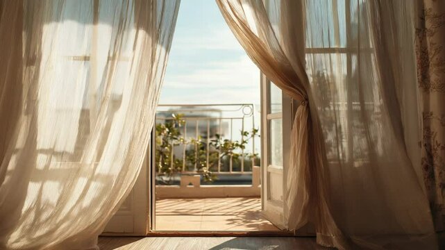 Balcony View Through Open Doors and Flowing Curtains in Warm Morning Light