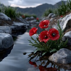 Red poppies by a mountain stream