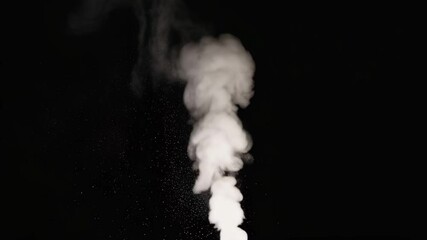 Dynamic white smoke plume rising and swirling with illuminated particles against a deep black background for visual effects and overlays - Powered by Adobe