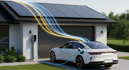Modern House with Solar Panels and Electric Car Charging Station Highlighting Sustainable Home Energy and EcoFriendly Lifestyle