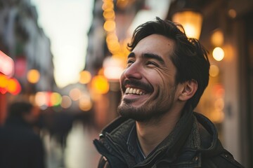 Portrait of a handsome young man smiling in the city streets.