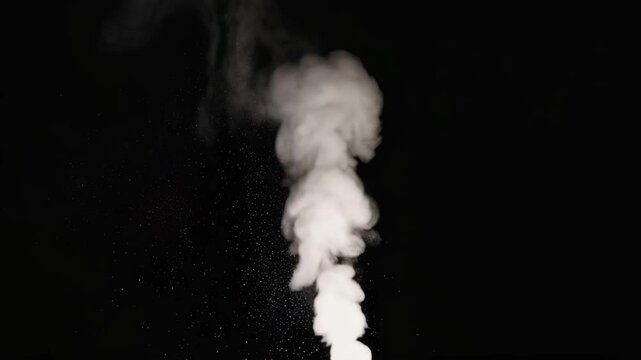 Dynamic white smoke plume rising and swirling with illuminated particles against a deep black background for visual effects and overlays