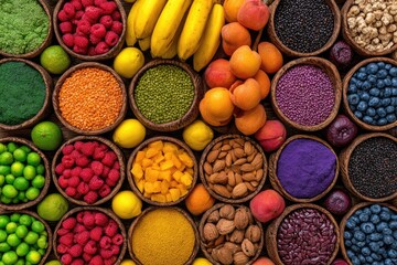 Colorful array of fruits, vegetables, and superfoods in wooden bowls