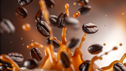 Fototapeta premium Coffee beans falling into a splash of liquid creating a dynamic and visually appealing composition in studio shot