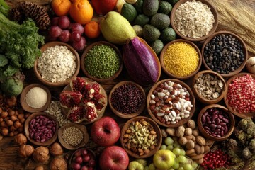 Assorted healthy foods in wooden bowls
