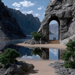 Rocky canyon, archway, tranquil lake, two figures