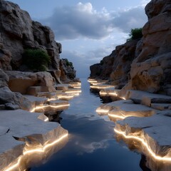Rocky canyon, illuminated stream