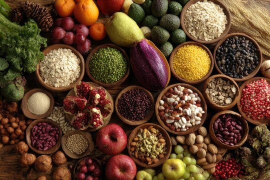 Assorted healthy foods in wooden bowls - Powered by Adobe