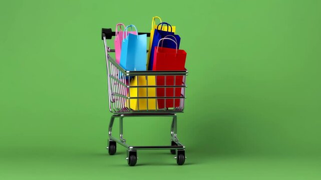 Full Shopping Cart with Vibrant, Multicolored Bags Against a Solid Green Background - Representing Retail, E-commerce, and Consumerism
