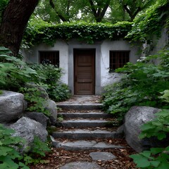 Rustic garden retreat with overgrown pathway and wooden door