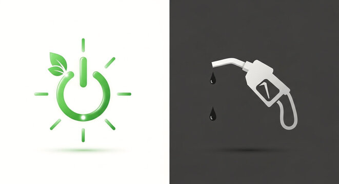 Split View Radiant Green Power Button with Leaves Versus Dripping Gasoline Nozzle Visualizing the Shift to Sustainable Energy and Environmental Choice
