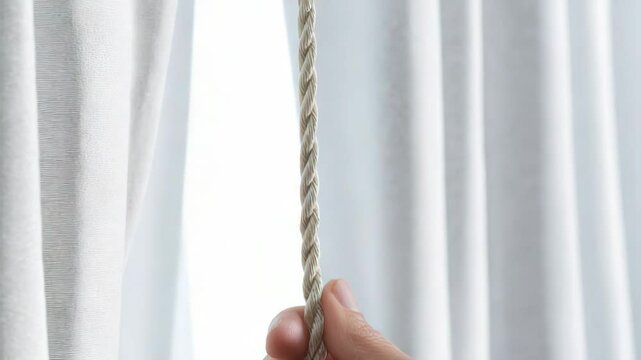 Hand Pulling Cord of Grayish White Window Covering for Light Adjustment