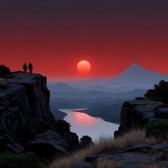 Silhouetted figures on clifftop, vibrant sunset over valley