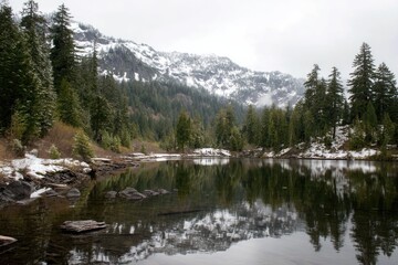 Snowy mountain lake, tranquil scene