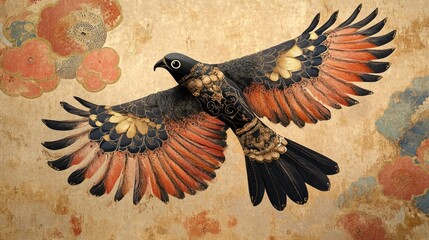 Ornate bird in flight against a textured backdrop with floral patterns
