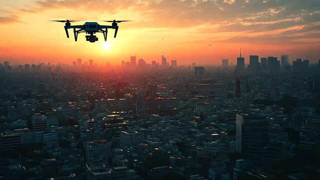 Aerial view of city at sunset with drone in forefront