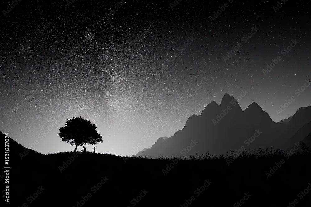 Wall mural silhouetted tree and figure beneath a starry night sky, with mountains in the distance