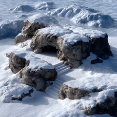 Snowy cave entrance with stone steps