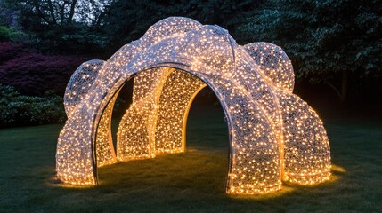 Illuminated archway structure in a garden at night