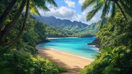Lush tropical beach framed by palm trees and mountains