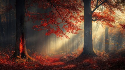 Autumnal forest path, vibrant reds, misty light